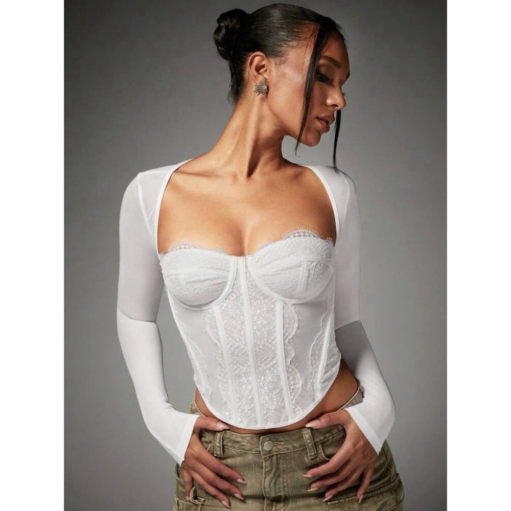 SHEIN BAE NWT Sweetheart‎ Neck Lace Panel Bustier Crop Top White Sz Lg Sheer